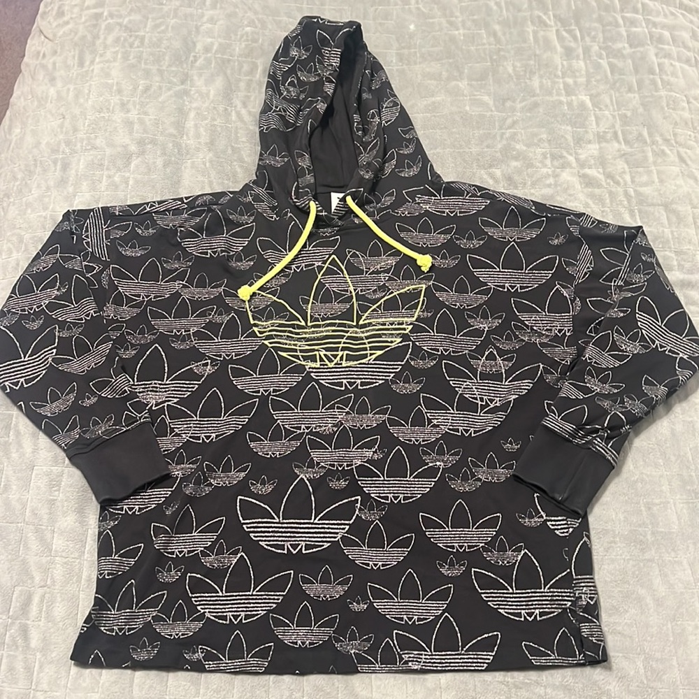 Adidas Logo Hoodie, Hooded Sweatshirt, Black, Silver, Yellow, Size XS